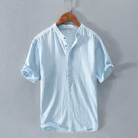 Men's Stand Collar Japanese Ice Silk Linen T-Shirt - Cool & Stylish Summer Essential