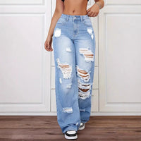 Stylish Washed Ripped Straight Jeans - High-Rise Denim for Women