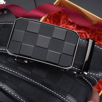 Men's Automatic Buckle Leather Belt - Genuine Cowhide, Elegant Plaid Design