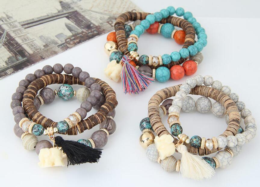 Baby Elephant Wood Bead Multi-Layer Tassel Bracelet – Boho Stacked Charm Jewelry for Women What Else You Got?