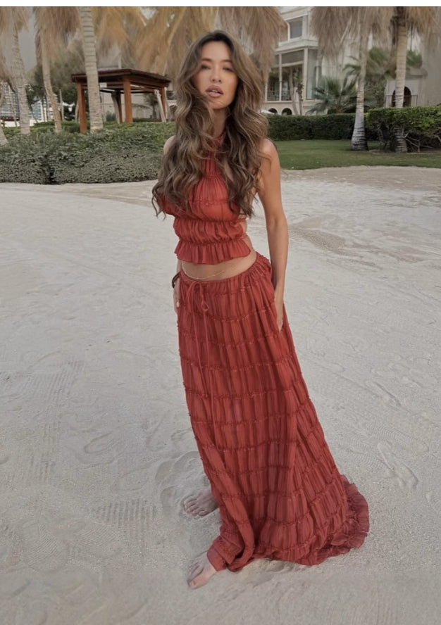 2pcs Women's Dress Suit Sexy Sleeveless Backless Cropped Halter Top And Pleated Long Skirt Beach Clothing What Else You Got?