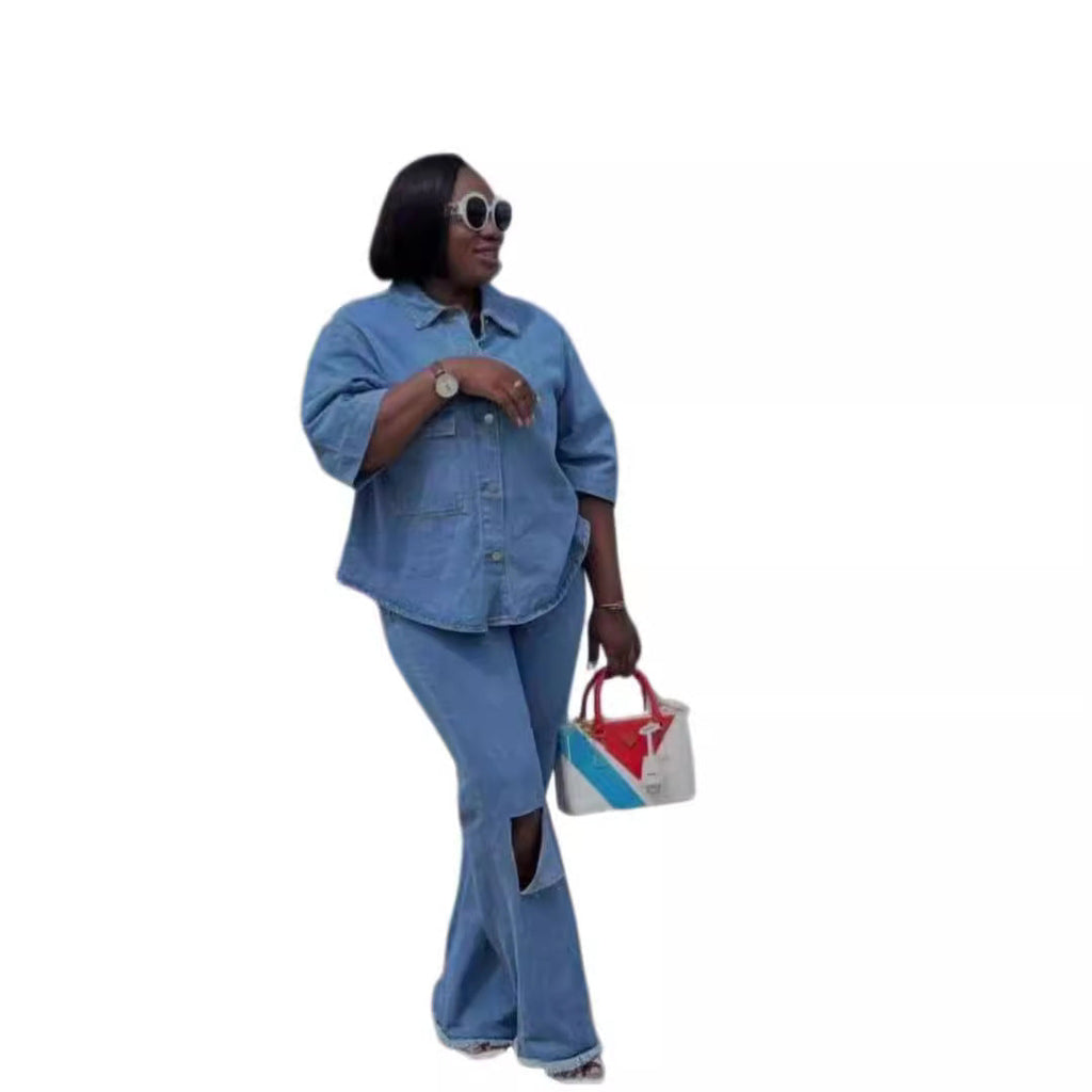 Personality Shirt Top Ripped Denim Trousers Two-piece Set What Else You Got?