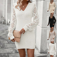 Women’s V-Neck Knit Dress – Slim-Fit Long-Sleeve Viscose Blend Dress