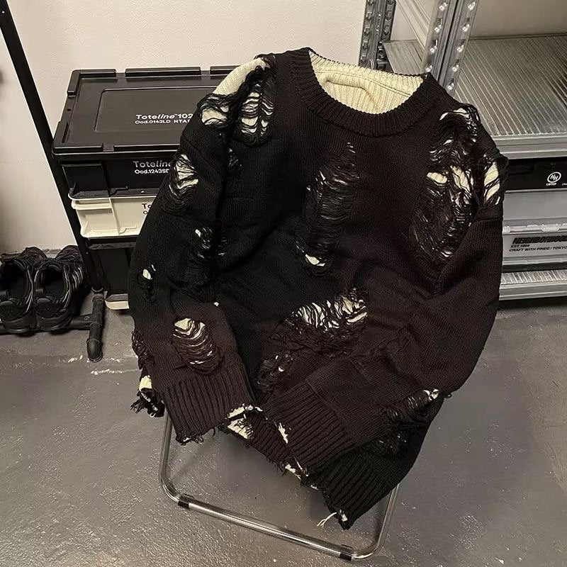 Men's Ripped Sweater - Trendy Animal Print Pullover with Tassels - All-Match Idle Style
