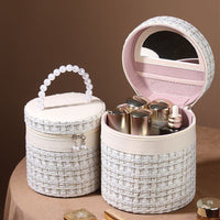 Elegant PU Cylinder Cosmetic Bag with Built-in Mirror - Travel & Vanity Organizer