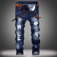 Men’s Retro Ripped Straight Jeans – Mid-Waist Cotton Denim 28–42