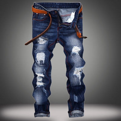 Men’s Retro Ripped Straight Jeans – Mid-Waist Cotton Denim 28–42