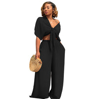 Women's Relaxed-Fit Deep-V Top & Wide-Leg Pants Set – Two-Piece Comfort Outfit