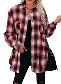 Women's Spring Flannel Shirt | Loose Fit Plaid Blouse with Turndown Collar | Mid-Length Overshirt - Multiple Colors