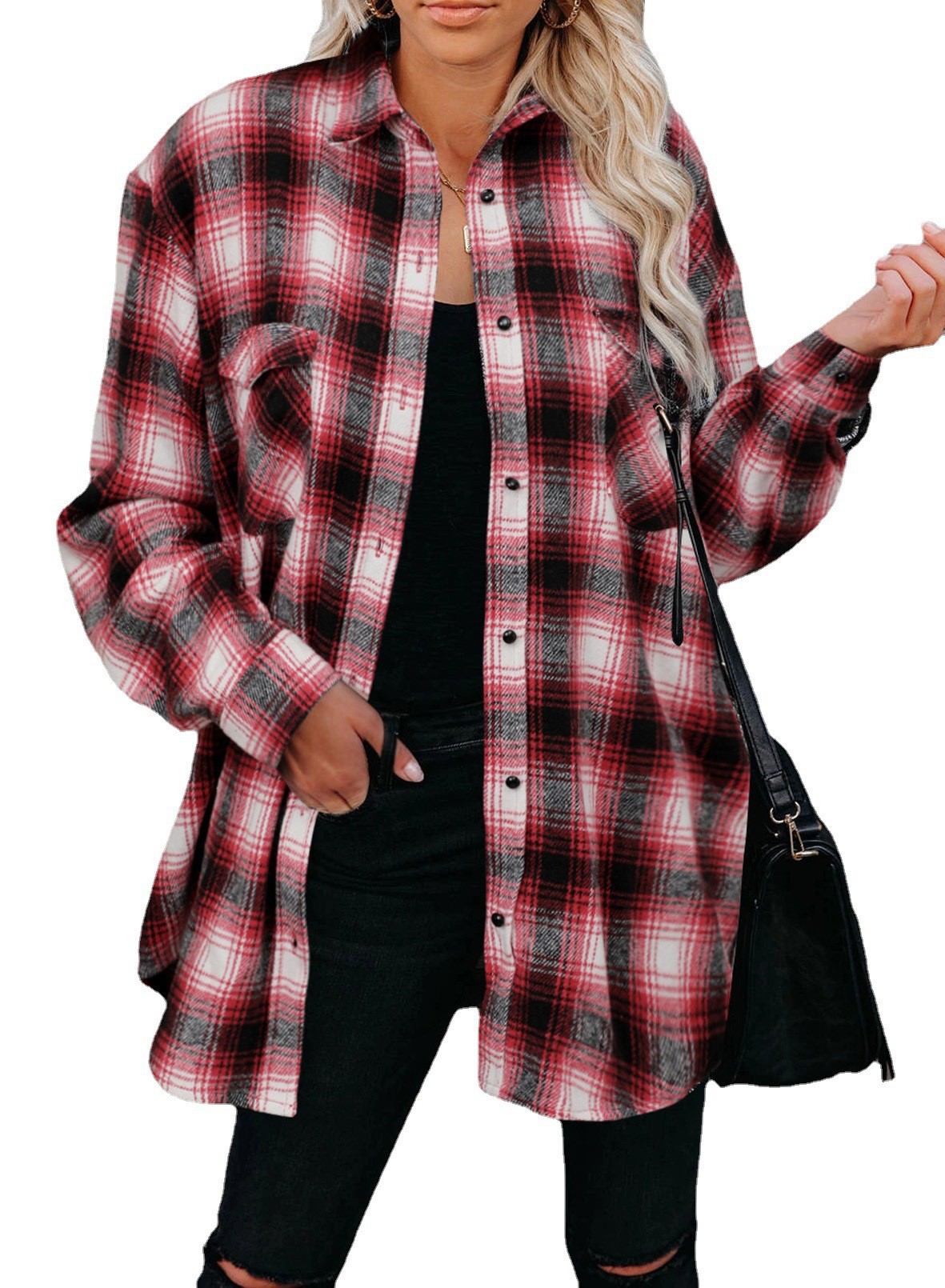 Women's Plaid Flannel Shirt | Loose Fit Spring Blouse | Turndown Collar Mid-Length Overshirt What Else You Got?
