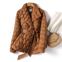 Women’s Winter Ripple-Stitch Jacket with Belt – Warm Quilted Coat