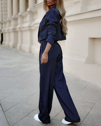 Chic Striped Christian Suit Set - Modest Lapel Top & Straight Pants for Spring & Summer - Elegant Faith-Inspired Fashion