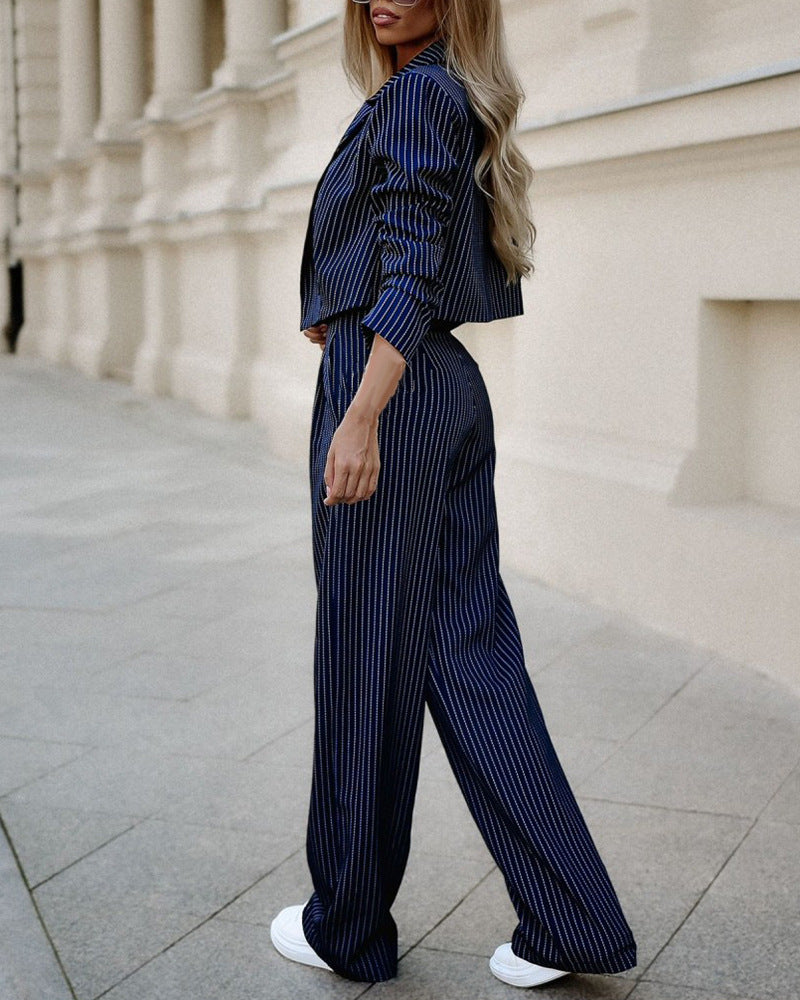 Women's Spring Fashion Striped Suits Casual Lapel Long Sleeve Cropped Top And Straight Pants Outfits Women's Clothing What Else You Got?