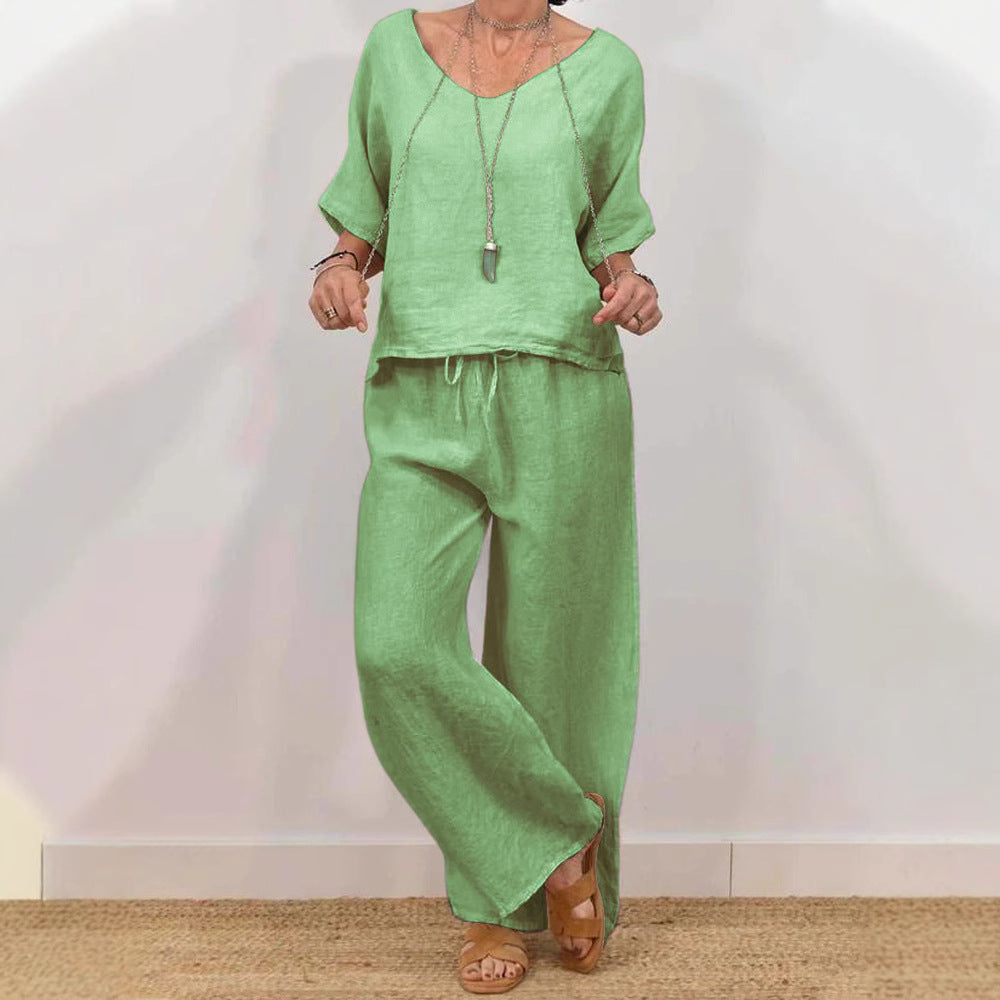 Womens Multi-Color Two-Piece Set Casual V-Neck Pullover With Three-Quarter Sleeves And Extended Pants What Else You Got?