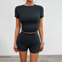 Elegant Christian Activewear: 2-Piece Slim Sports Suit with Round Neck Tee & Elastic Shorts for Summer Workouts
