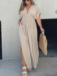 Elegant Bat-Sleeve Maxi Dress – V-Neck Slit with Elastic Waist for Summer | Summer Elegance