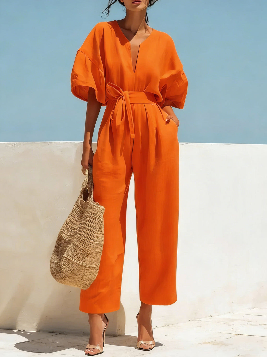 Fashionable V-Neck Solid Color Cotton-Linen Jumpsuit For Women What Else You Got?