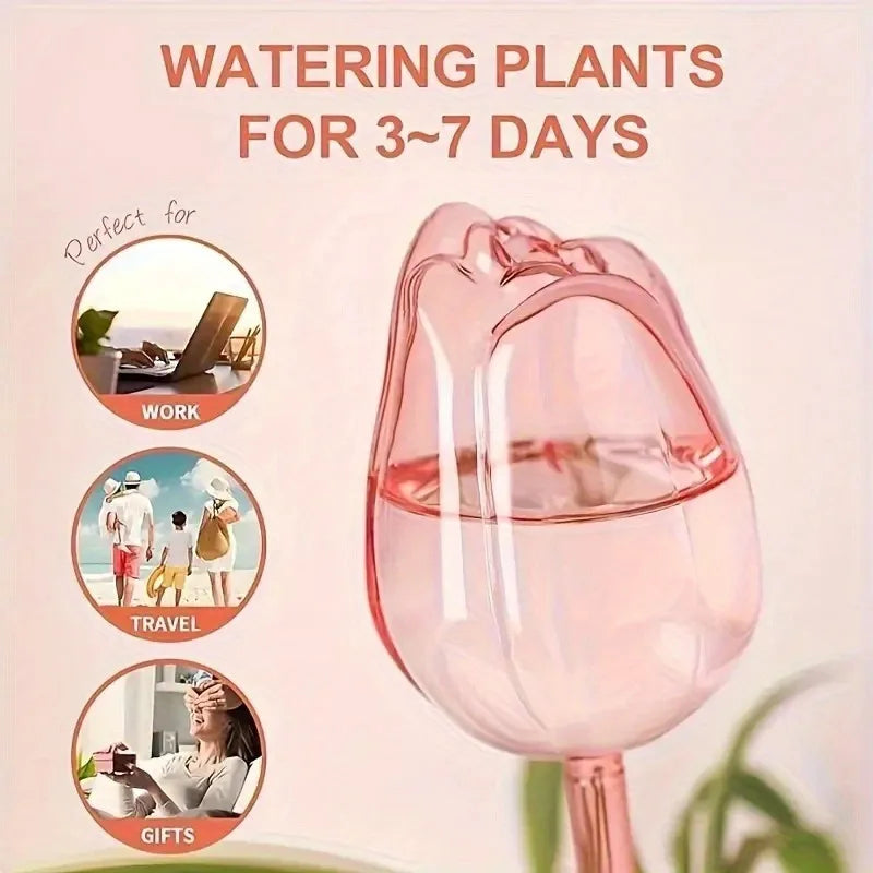 Pink Tulip Plant Watering Bulbs - Automatic Self-Watering Drippers for Indoor & Outdoor Plants - Elegant Glass Plant Care