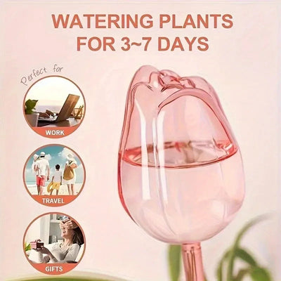 Pink Tulip Plant Watering Bulbs - Automatic Self-Watering Drippers for Indoor & Outdoor Plants - Elegant Glass Plant Care