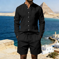 Men's Linen Summer Shirt & Shorts Set - Breathable Vintage Stand Collar Beach Suit - Lightweight & Comfortable