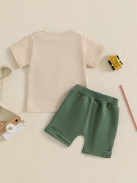 Cute & Comfortable Toddler Boys Summer Outfit with Truck Embroidery - Round Neck Tee & Shorts Set