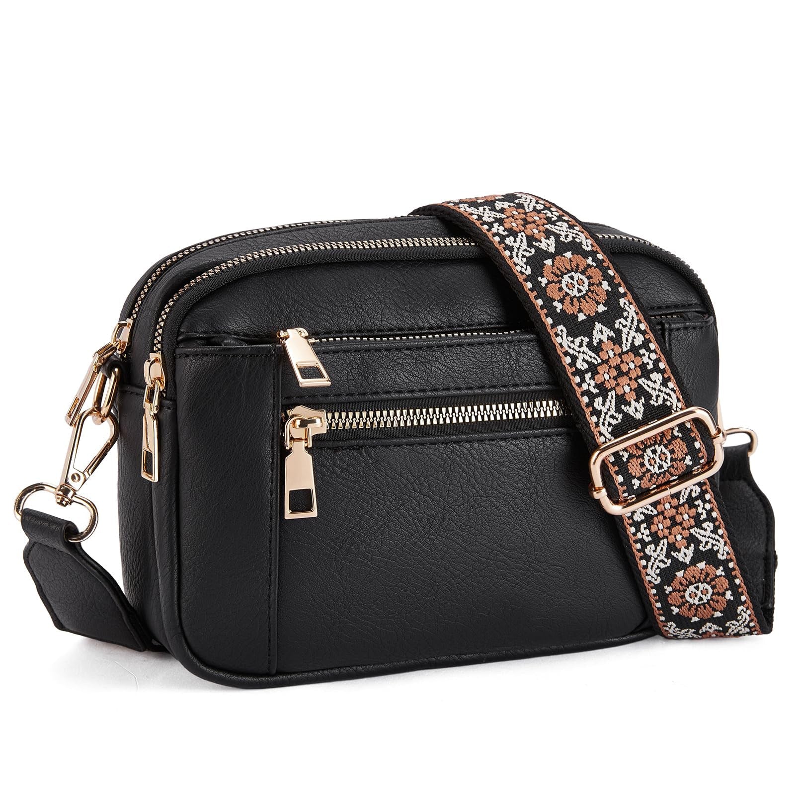 Triple-zipper Shoulder Bag With Floral Embroidered Straps Fashion Colorblock Multi-functional Crossbody Bags For Women What Else You Got?