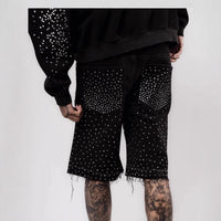 Straight-leg Rhinestone-studded Denim Shorts