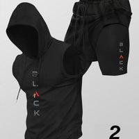 Running Fitness Printed Hooded Sleeveless Tank Top And Shorts Set