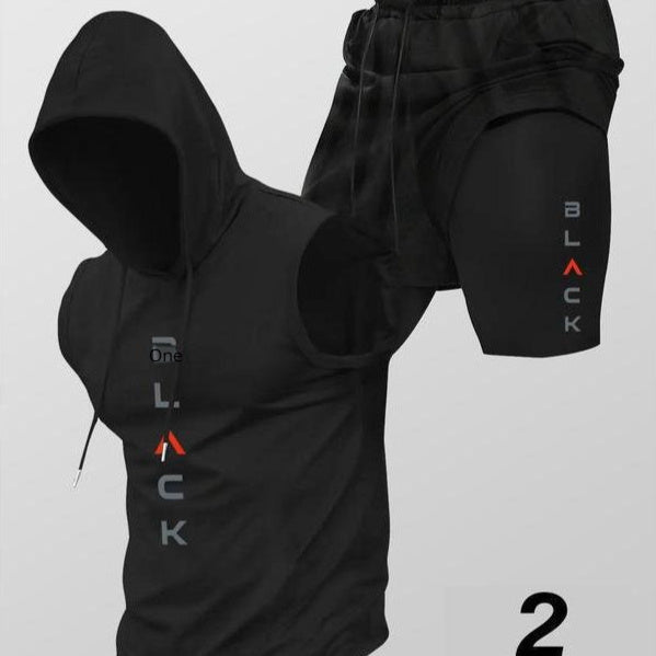 Running Fitness Printed Hooded Sleeveless Tank Top And Shorts Set