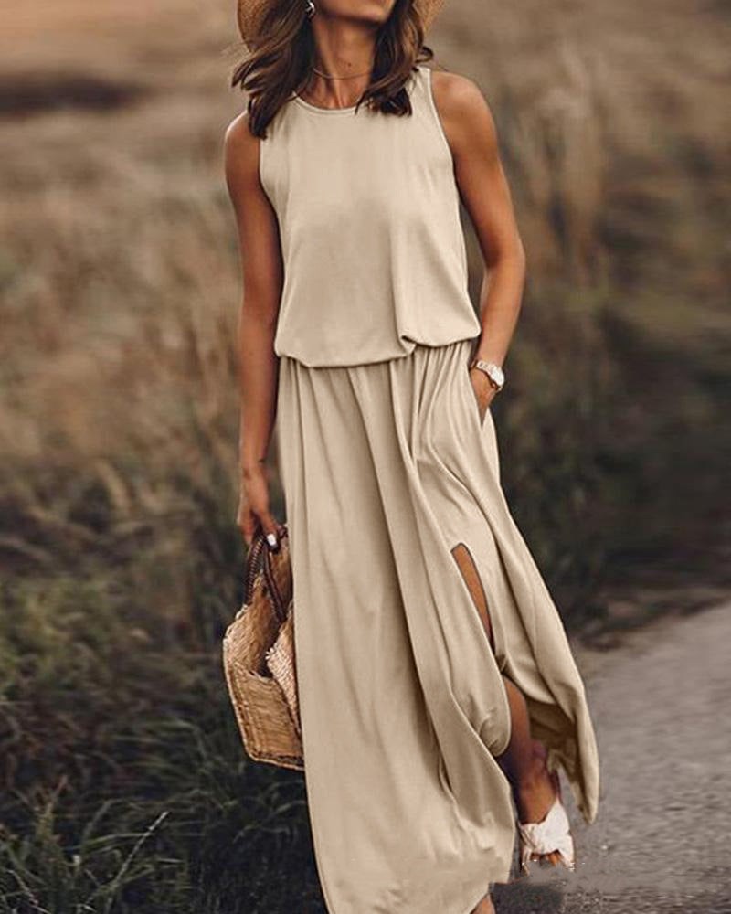 Women Summer Dresses Fashion Side Slit Long Dress With Pockets Vestidos Solid Casual O-Neck Sleeveless A-Line Sundress For Holiday What Else You Got?