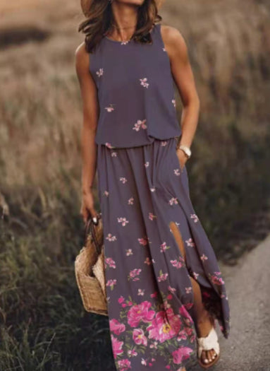 Women Summer Dresses Fashion Side Slit Long Dress With Pockets Vestidos Solid Casual O-Neck Sleeveless A-Line Sundress For Holiday What Else You Got?