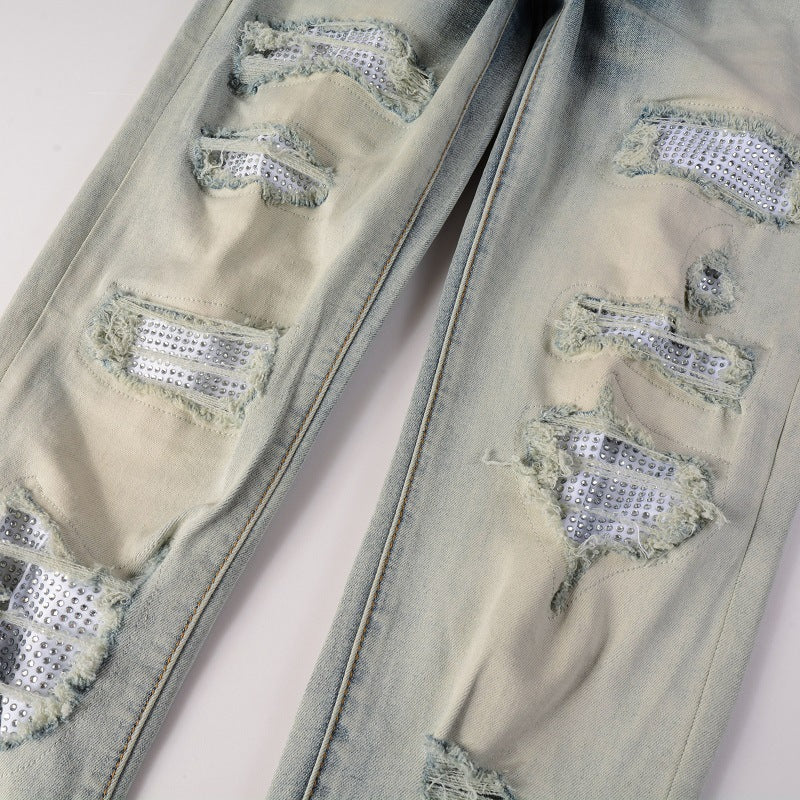 Street Trend Slim‑Fit Jeans – Distressed Hole & Patch Diamond Detail Denim for Men What Else You Got?