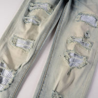 Street Trend Men's Distressed Hole & Patch Diamond Denim Jeans - Slim Fit Casual Wear