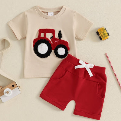 Cute & Comfortable Toddler Boys Summer Outfit with Truck Embroidery - Round Neck Tee & Shorts Set