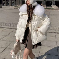 Women's Short Fur Collar Puffer Jacket - Warm Winter Coat with Faux Fur Trim