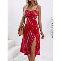 Women's Polka Dot Suspender Dress – Long Slit Summer Dress