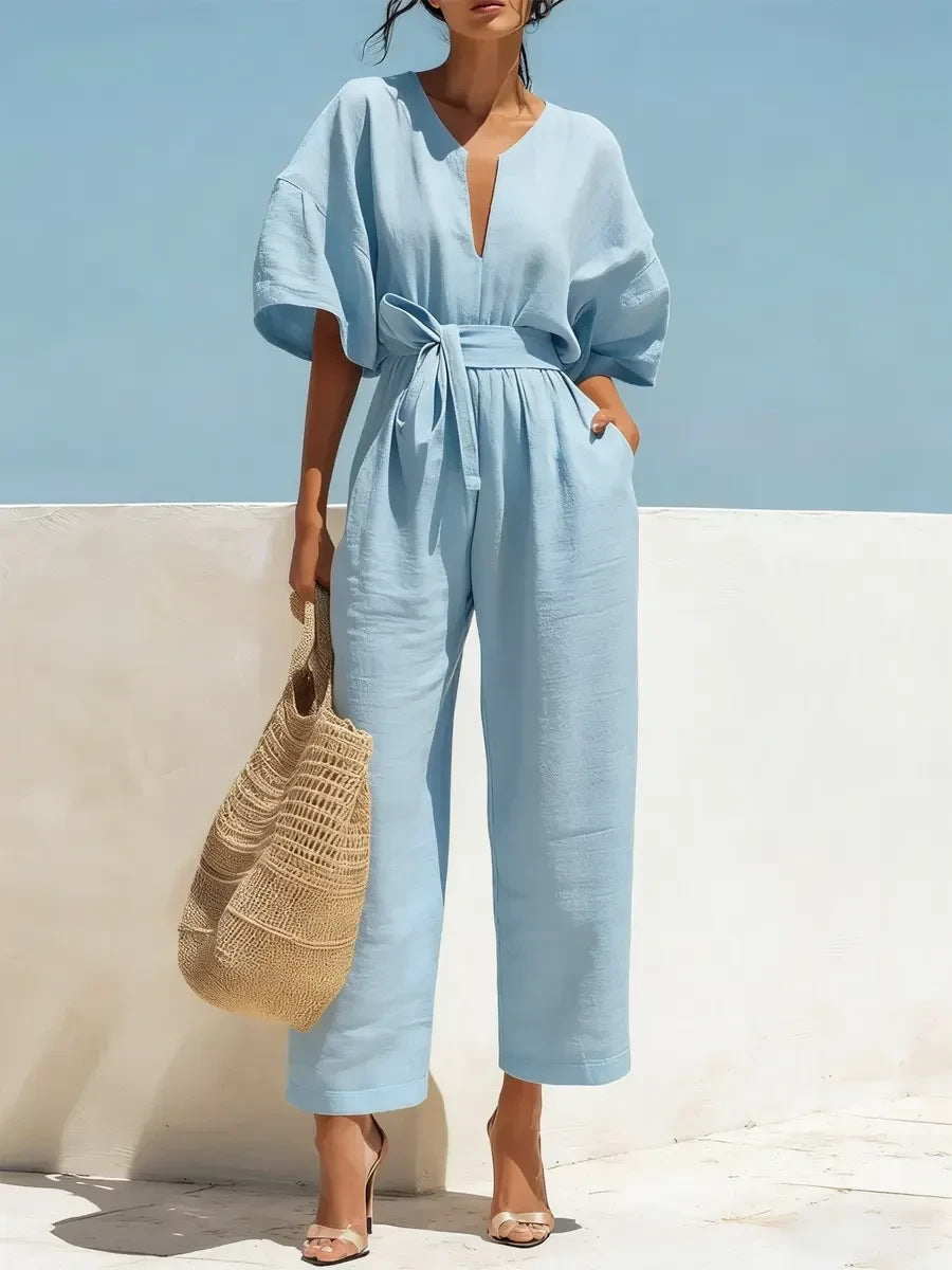 Fashionable V-Neck Solid Color Cotton-Linen Jumpsuit For Women What Else You Got?
