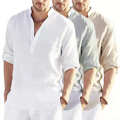 Men's Breathable Linen-Cotton Long Sleeve Shirt - Stand Collar Casual Wear for Spring & Summer