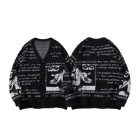 Mens Loose-fitting American-style All-over Letter-print Sweater Cardigan