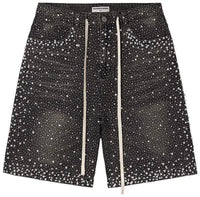 Straight-leg Rhinestone-studded Denim Shorts