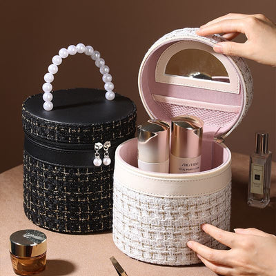 Elegant PU Cylinder Cosmetic Bag with Built-in Mirror - Travel & Vanity Organizer