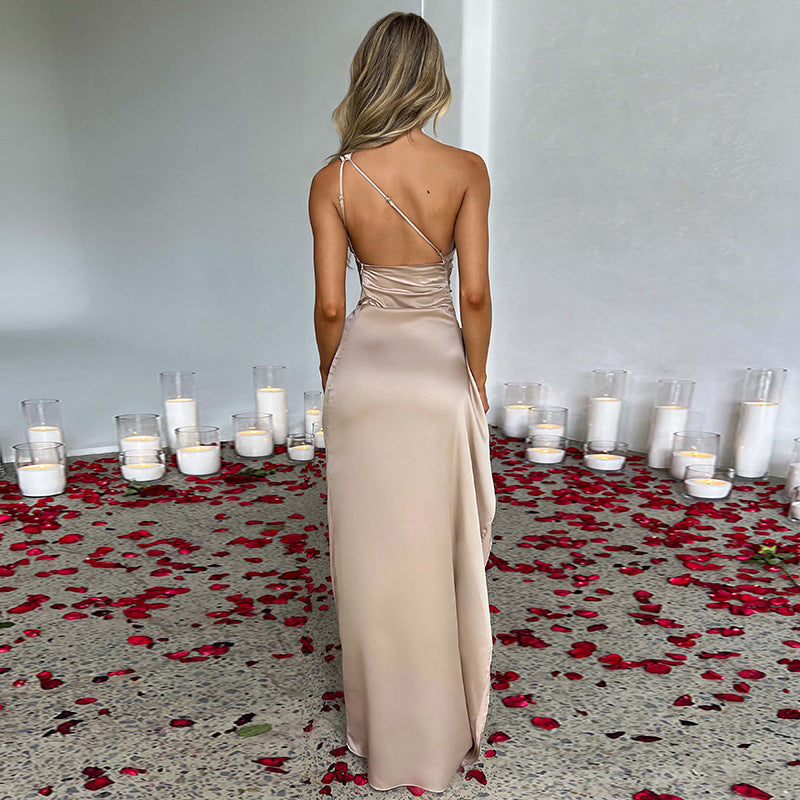Sexy One-shoulder Backless Slit Dress Summer Elegant Slim-fit Solid Color Satin Dresses For Women What Else You Got?