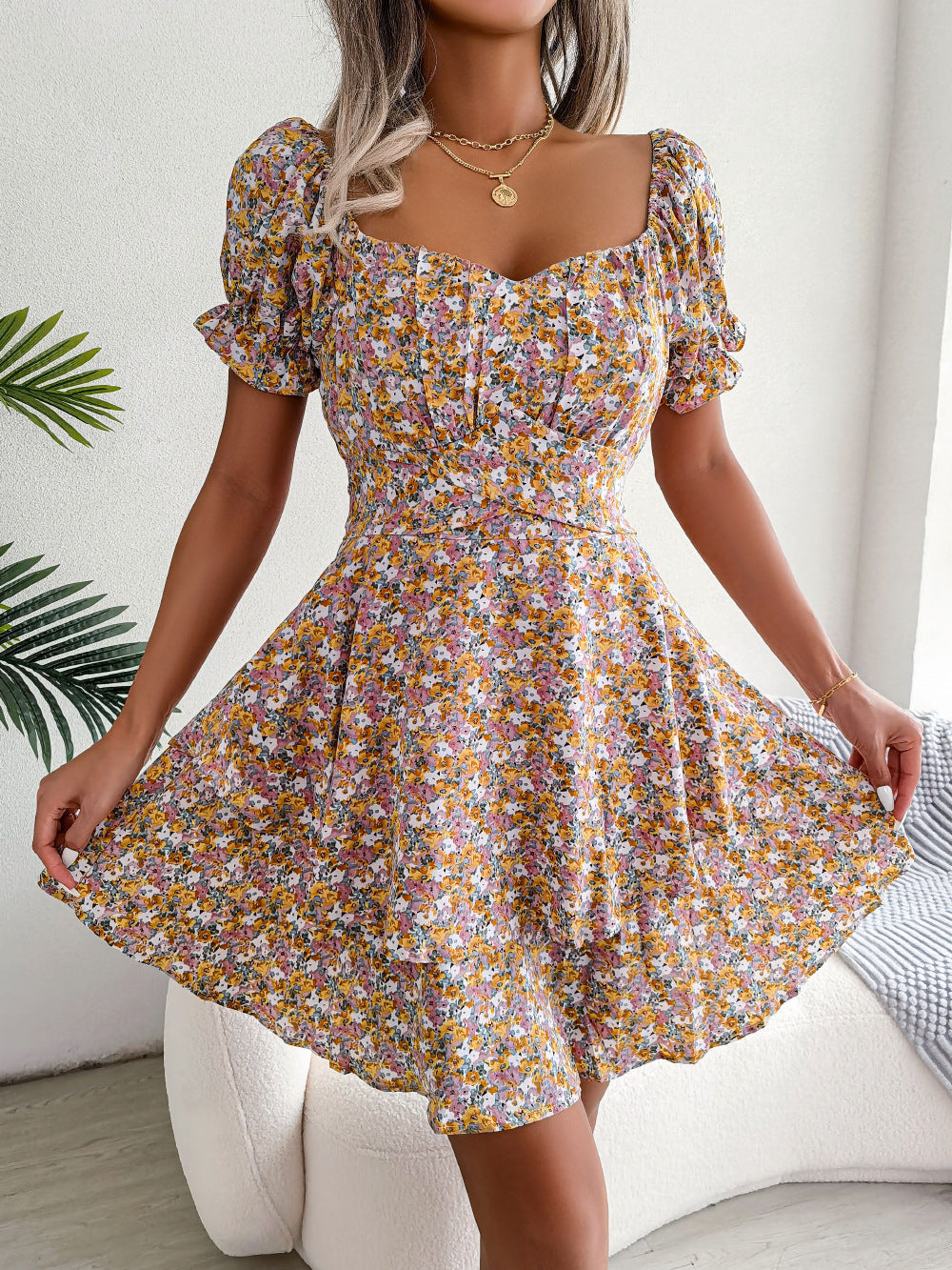 Women Mini Dress Temperament Big Swing Loose Hem Flower Print Shirring Dress Up Short Sleeves High Waist Summer Dress Clothes What Else You Got?