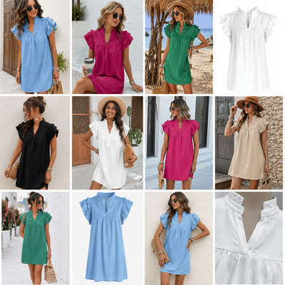 Women's V-Neck Summer Dress with Ruffle Sleeves – Flowy Casual Dress (S-XXL)