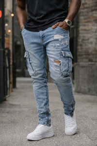 Men's Distressed Cargo Jeans – Streetwear Denim with Ripped Holes & Utility Pockets