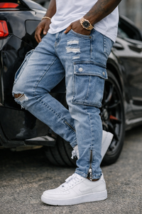 Men's Distressed Cargo Jeans – Streetwear Denim with Ripped Holes & Utility Pockets
