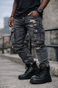Men's Distressed Cargo Jeans – Streetwear Denim with Ripped Holes & Utility Pockets