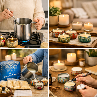 DIY Candle Making Kit - Soy Wax Starter Set with Pouring Pot, Wicks, Tins & Fragrances - Perfect Gift for Crafters