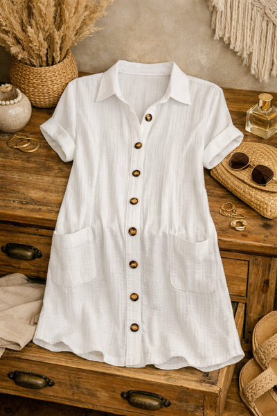 Women's Short Sleeve Button-Down Shirt Dress – Casual Mid-Length Summer Dress (S-XXL)