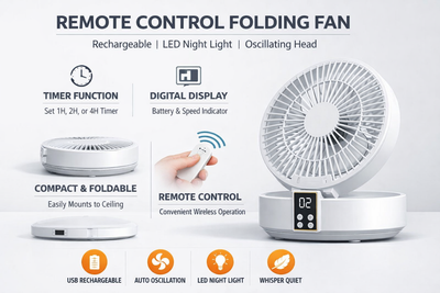 Rechargeable Ceiling Fan with Remote & Night Light – Portable USB Folding Fan